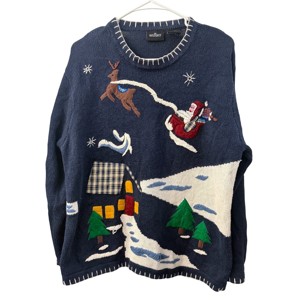 In Resource Vintage Style Ugly Christmas Sweater Santa Reindeer Navy Blue Large